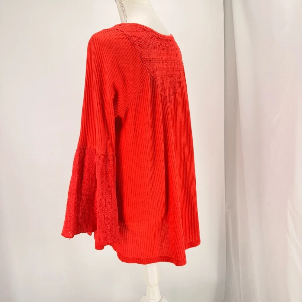 Free People Parisian Nights Top Women S M Orange Eyelet Bell Sleeve Boho 70s